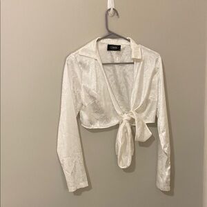 Cider White Notched Collar Tie-Front Crop Top